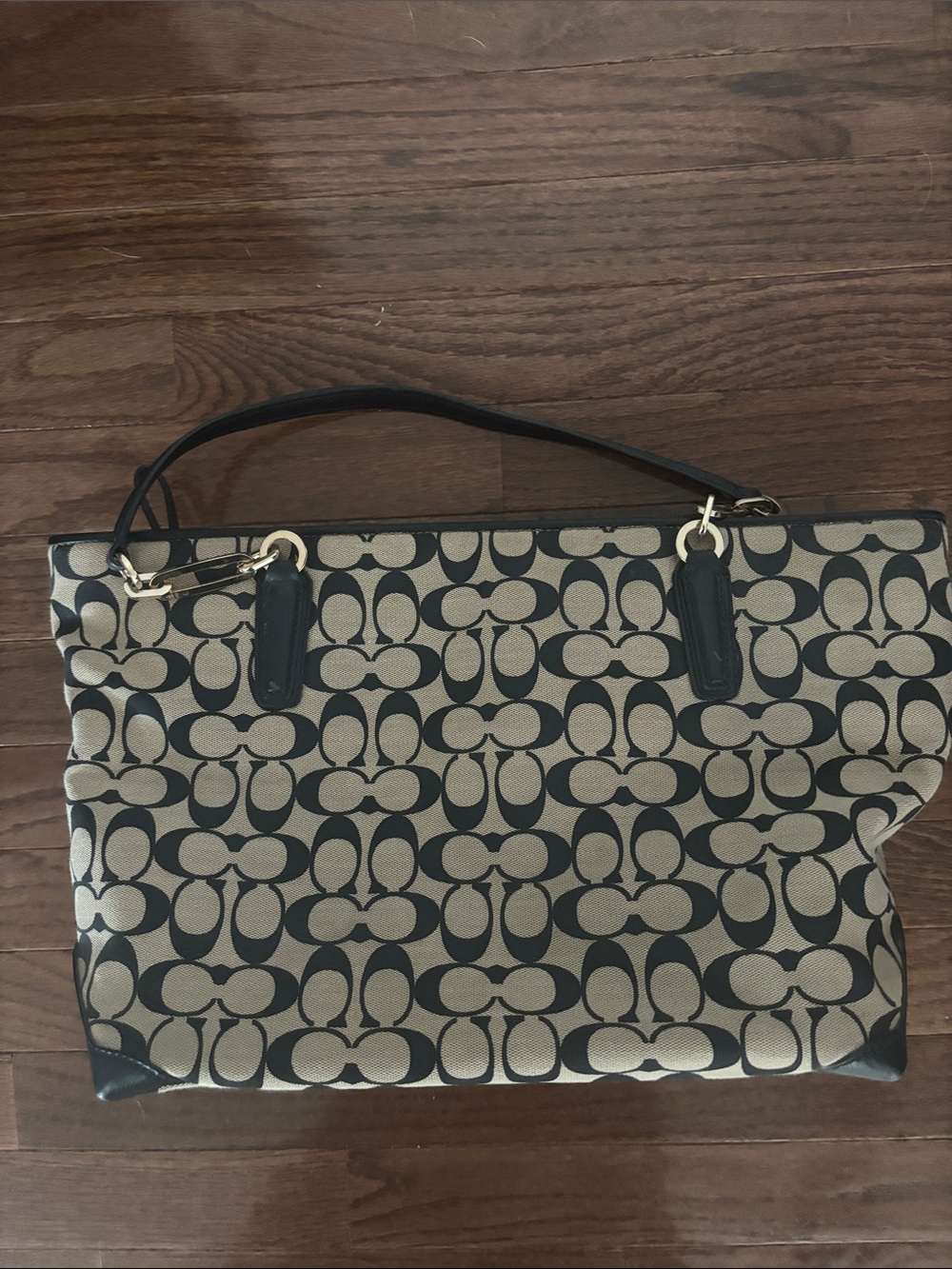 Coach Khaki and Black Signature Canvas Shoulder Tote